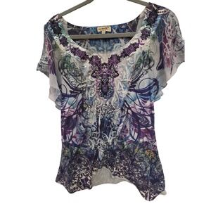Y2K Fairycore One World Embellished Butterfly Sleeve Top Women's M Blue Purple
